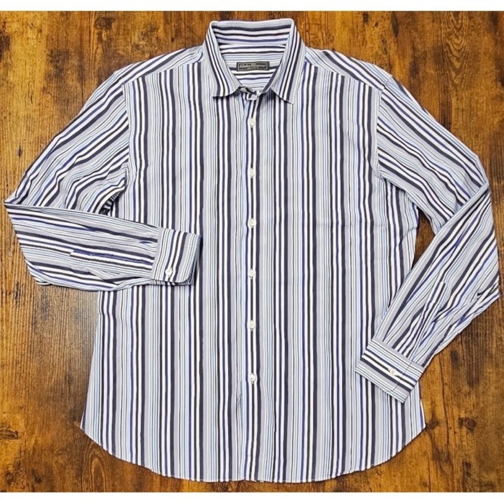 Salvatore Ferragamo Blue White Striped Cotton Button Up Shirt Size XL Ex Cond